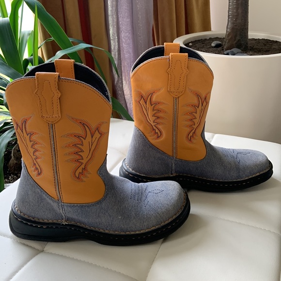 Double-H Deep Yellow Leather and Denim Western Roper Boots - Picture 2 of 8